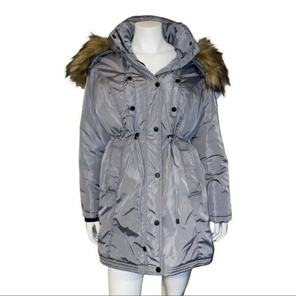 Madden Girl Juniors Silver Grey Faux Fur Trim Hooded Anorak Parka Coat Small NWT